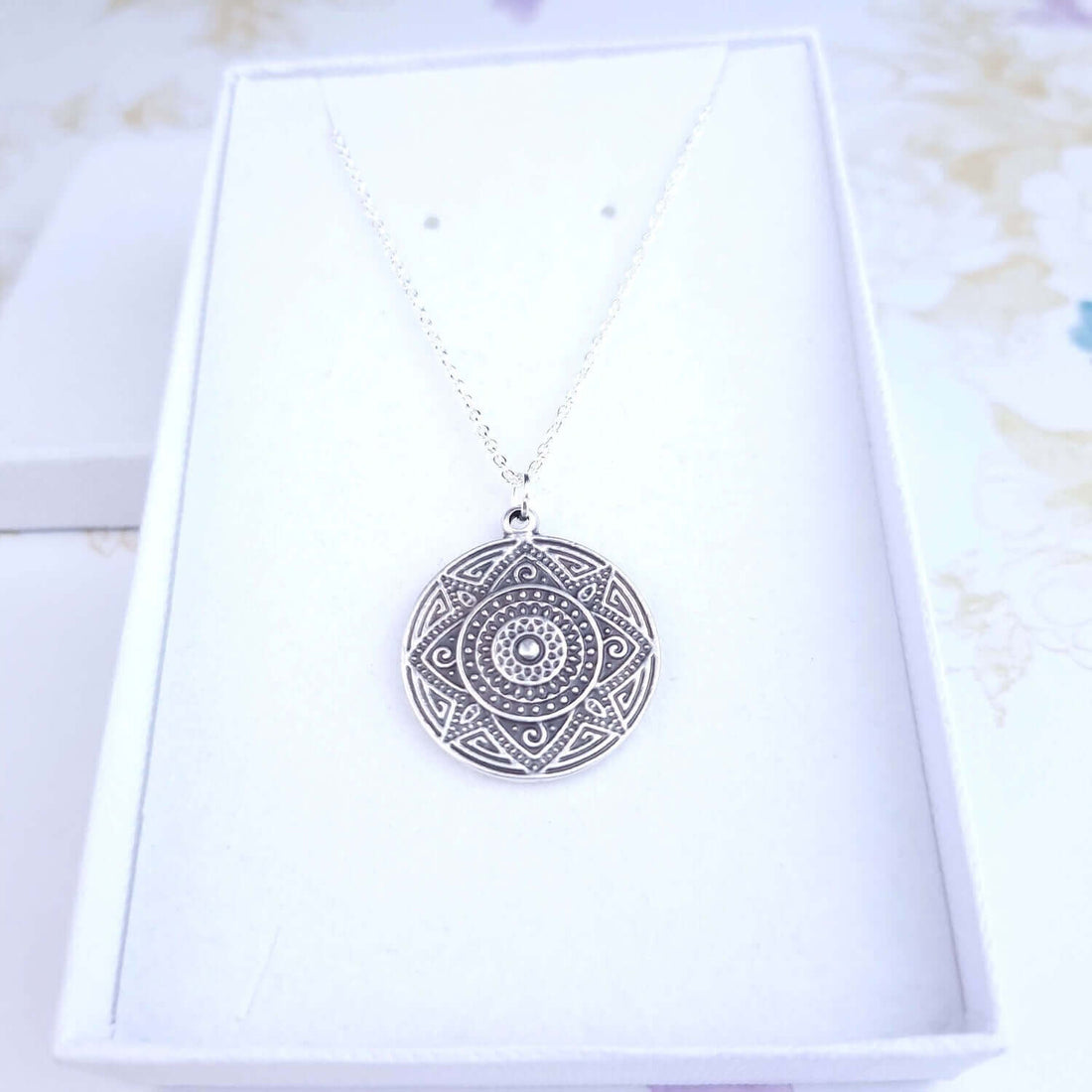 Layering silver mandala necklace