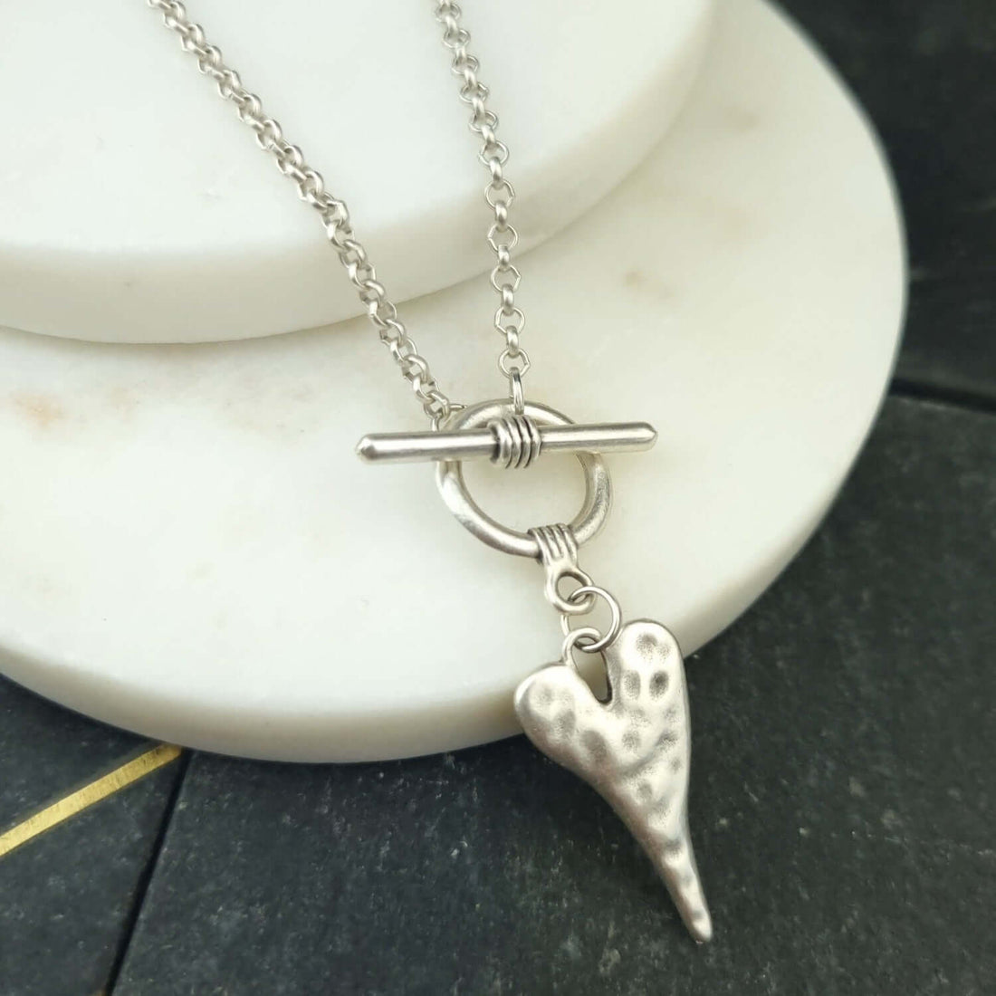 Silver chain link necklace with heart