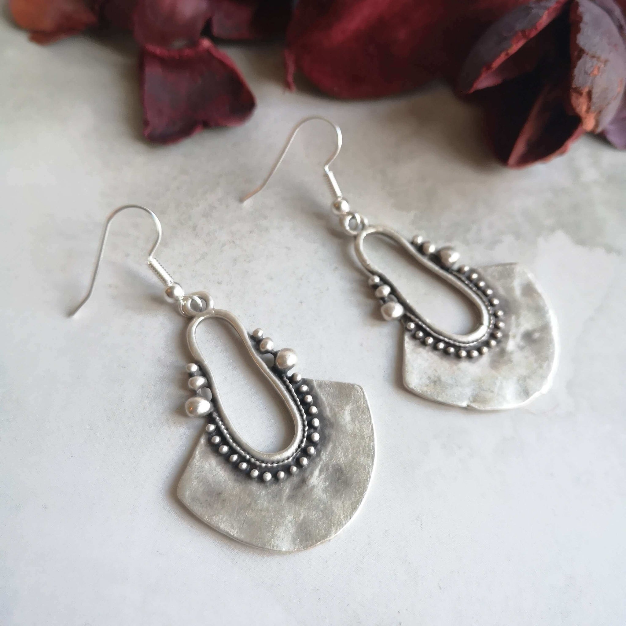 Bohemian shield silver earrings dangle drop