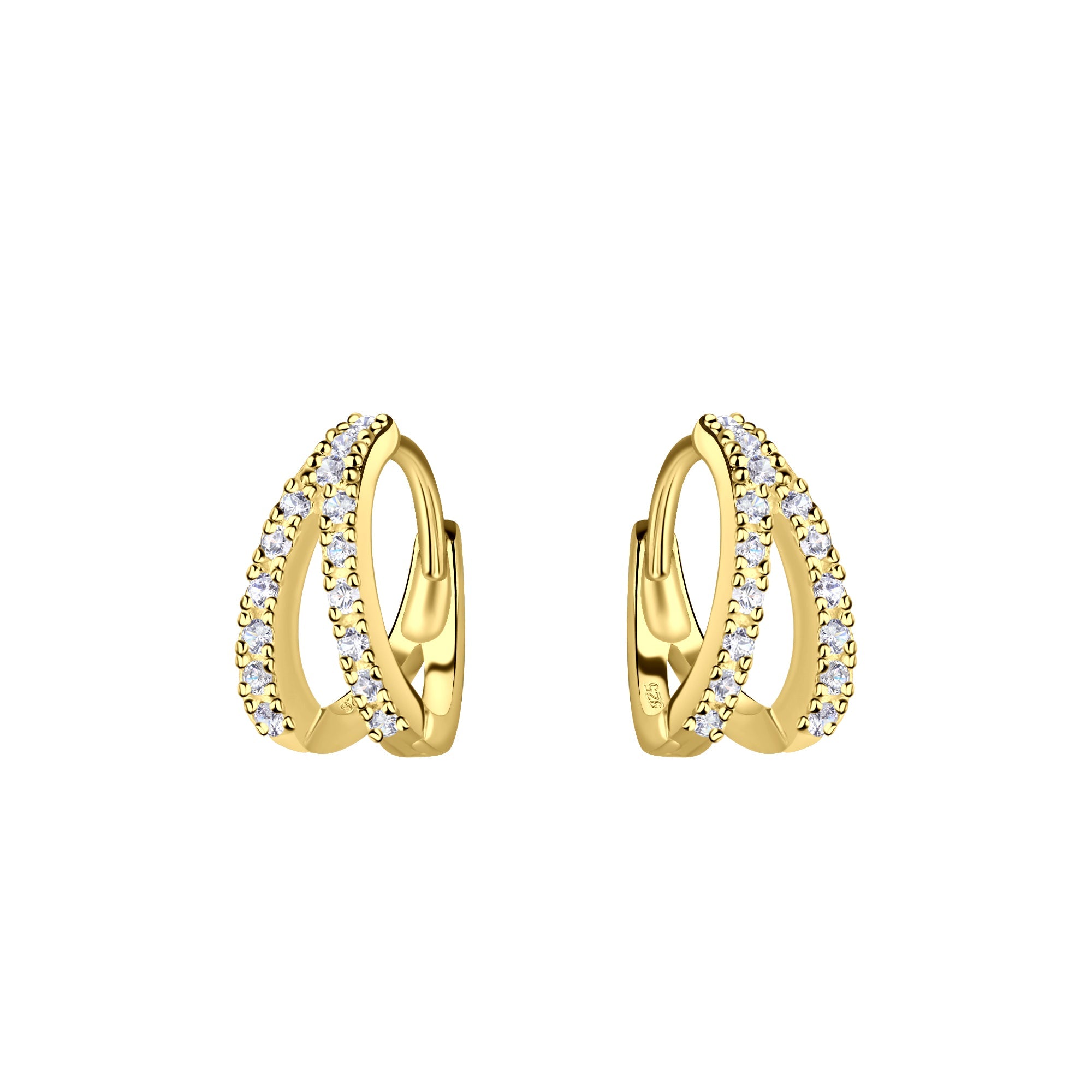 A pair of gold plated sterling silver hoop earrings crossover with cubic zirconia