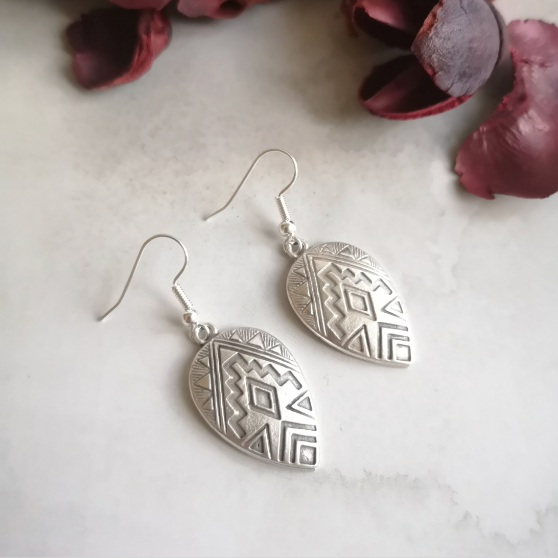 dangle drop tribal earrings boho style in sterling silver