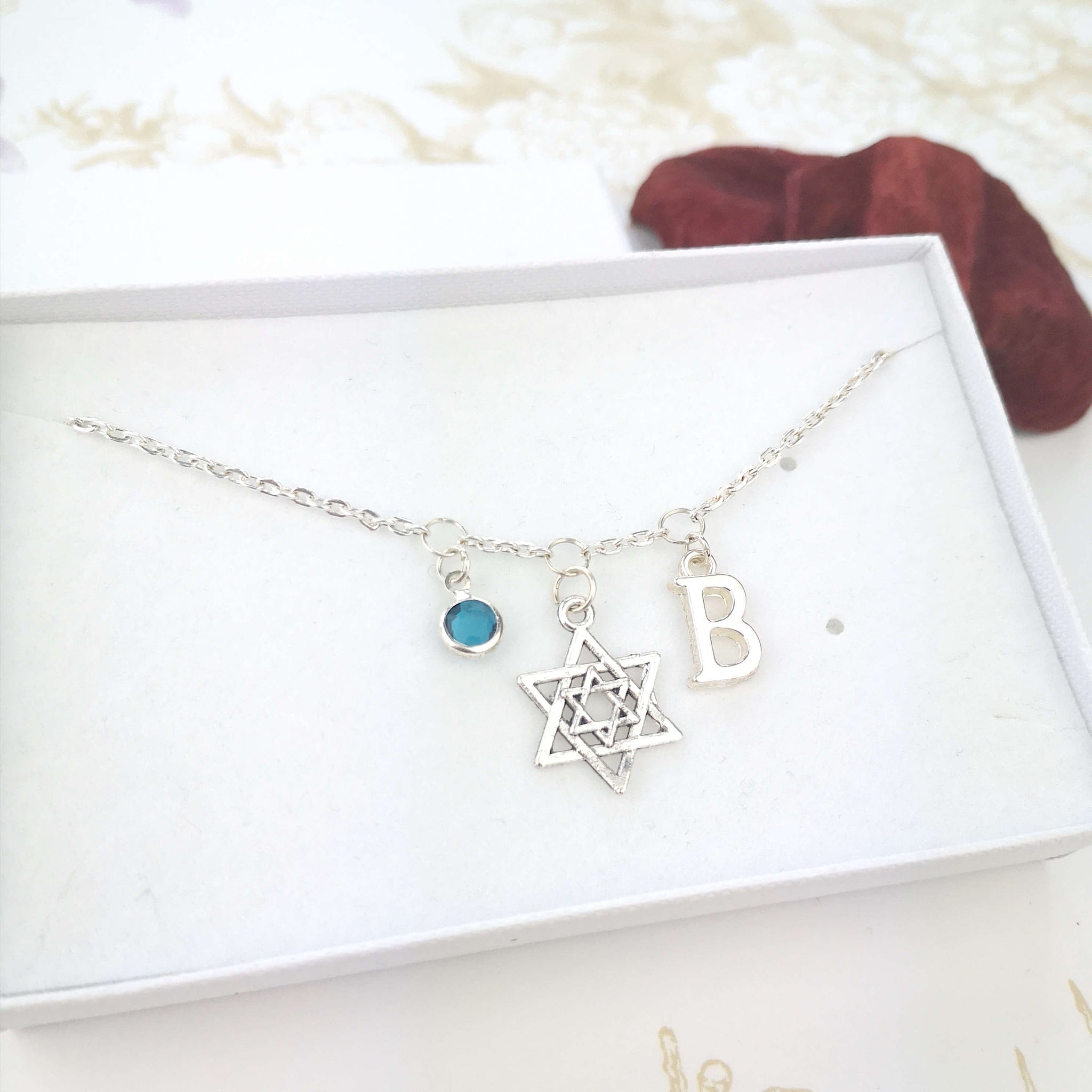 Personalised star of david bracelet with initial and birthstone