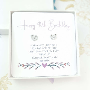 happy 40th birthday heart stud earrings in a gift box