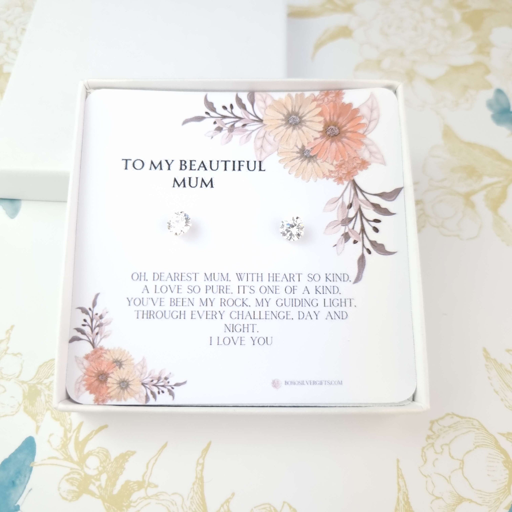 minimalist diamond stud earrings in a gift box with a heartfelt message for mum