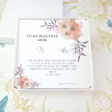 minimalist diamond stud earrings in a gift box with a heartfelt message for mum