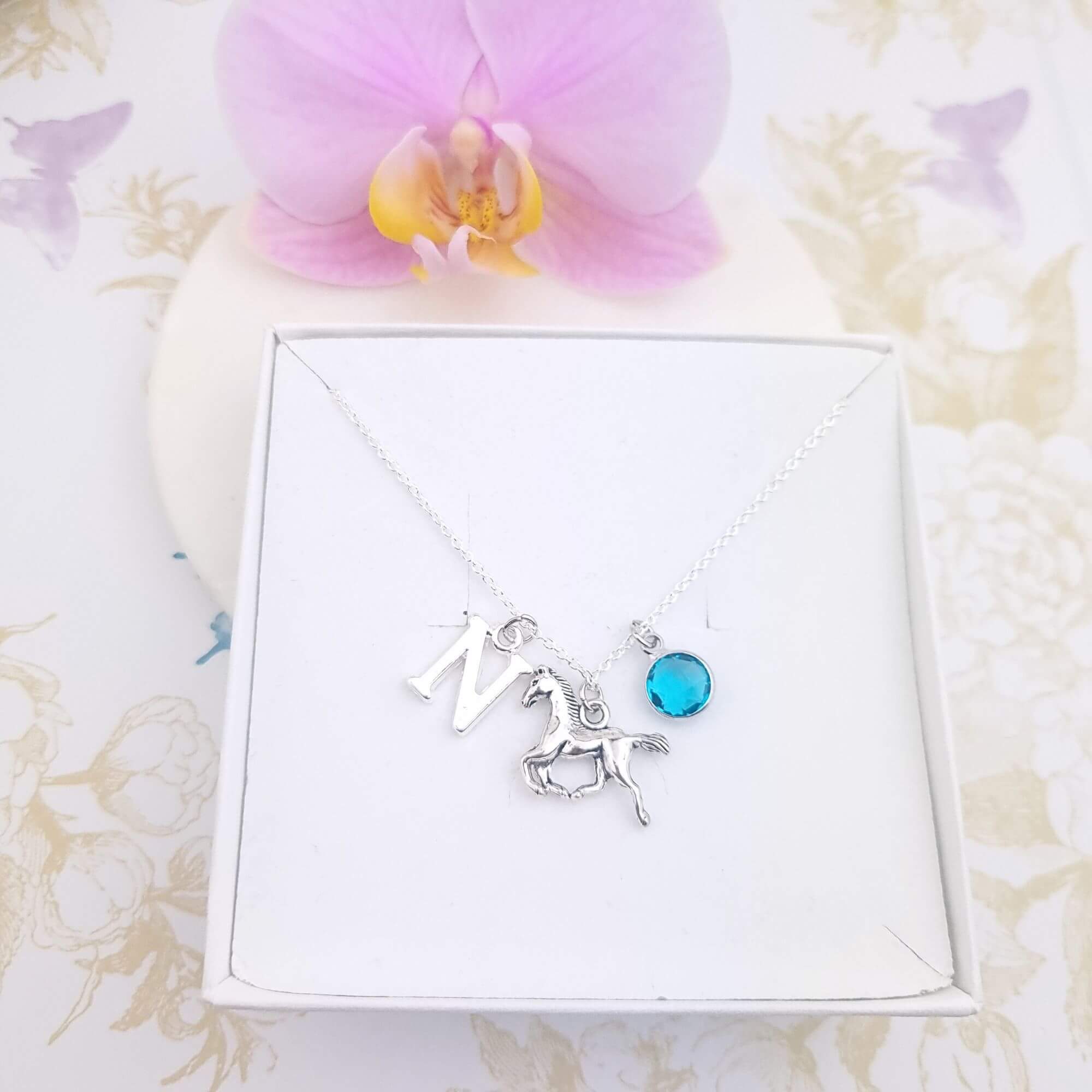 Personalised Horse Silver Necklace with initial and birthstone