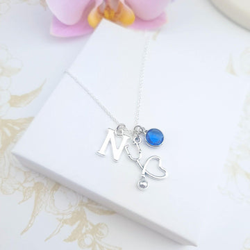 sterling silver personalised necklace with a stethoscope, initial & birthstone 