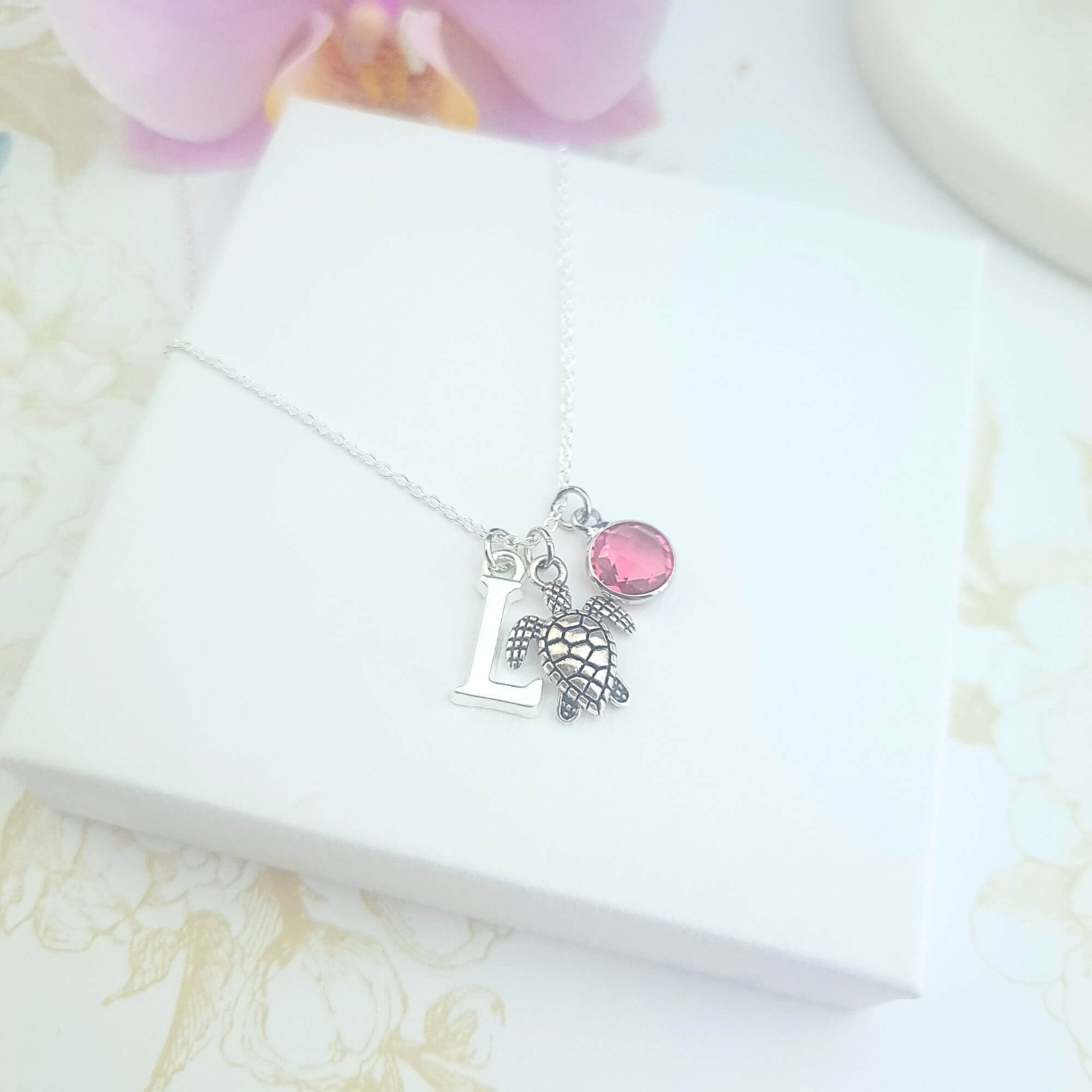 Sterling Silver Personalised Necklace with turtle charm, initial and birthstone