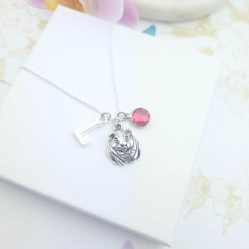Sterling silver guinea pig personalised necklace with initial and birthstone