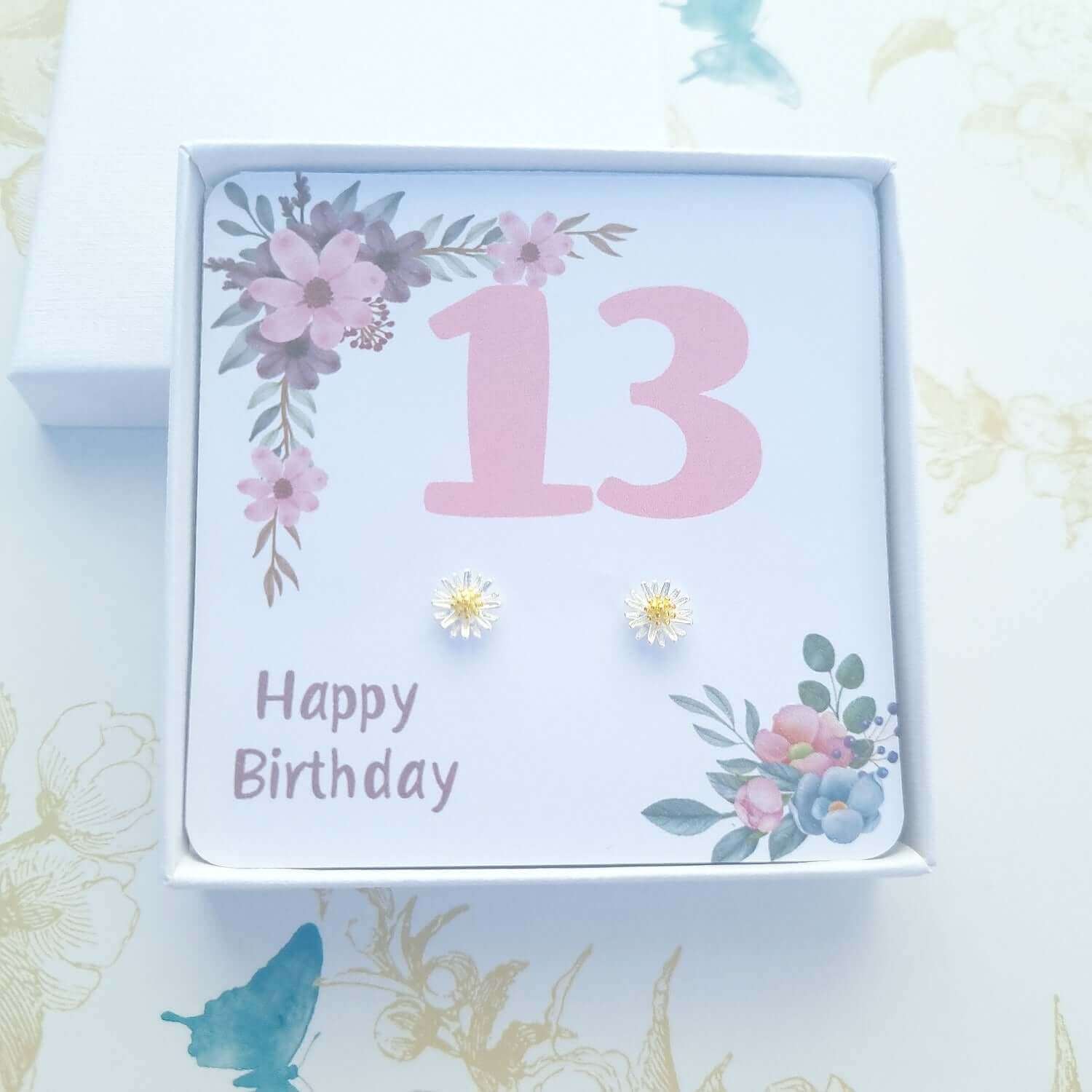 happy 13th birthday card, stud earrings and gift box