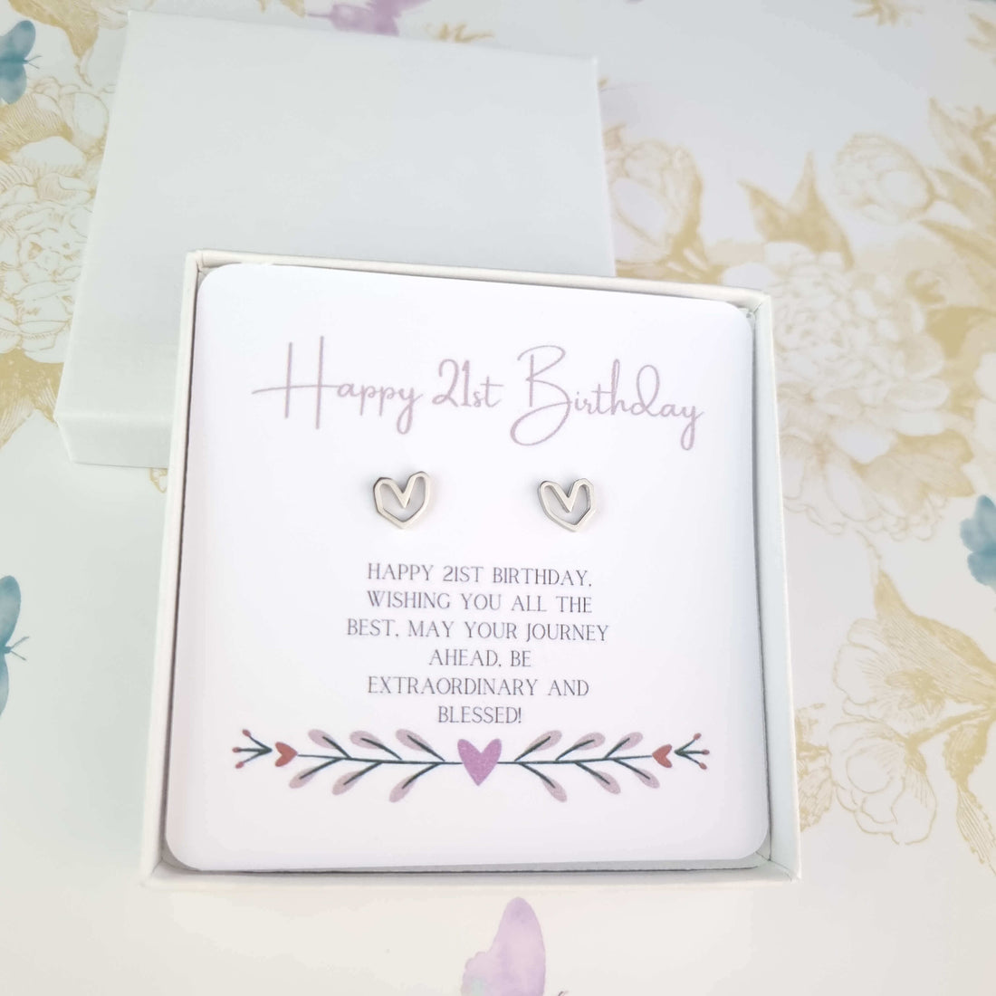 happy 21st birthday heart stud earrings in a gift box with card message