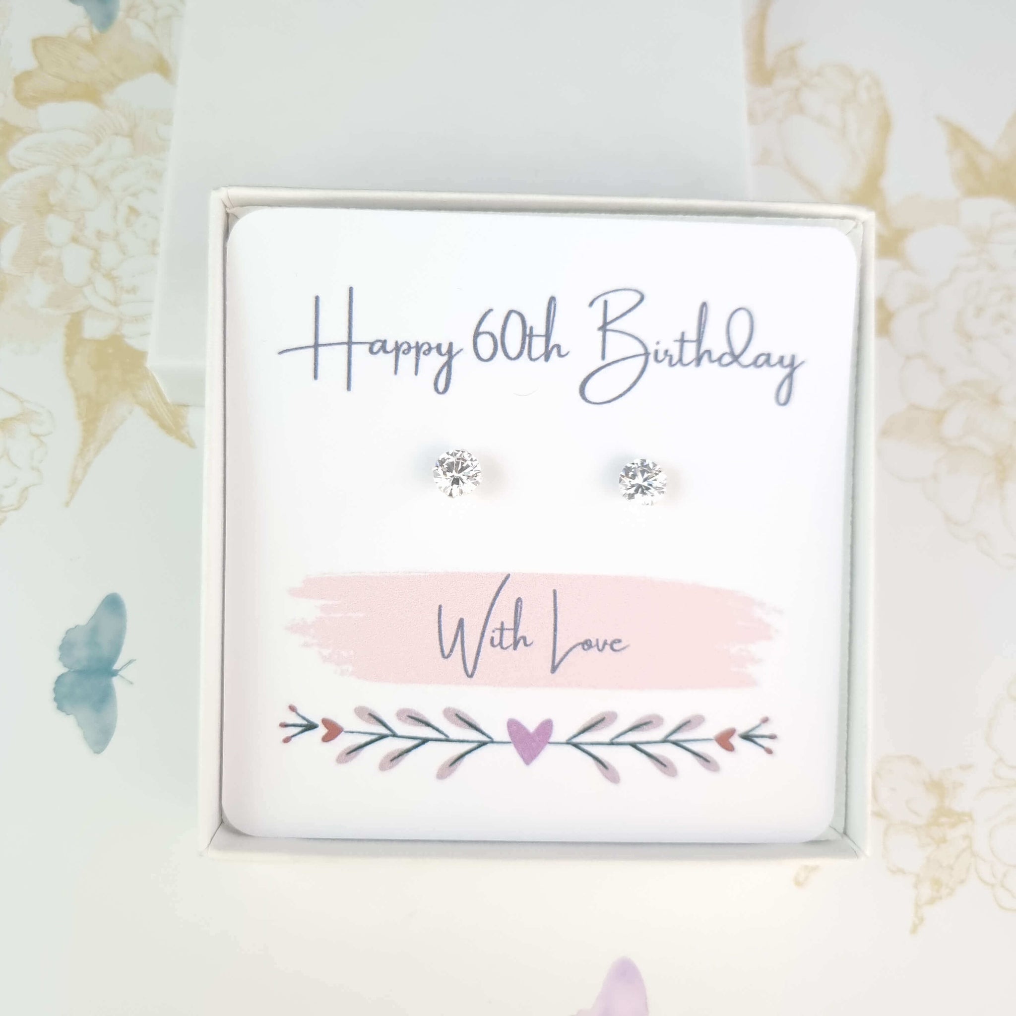 Sterling silver CZ stud earrings with gift box for a 60th birthday