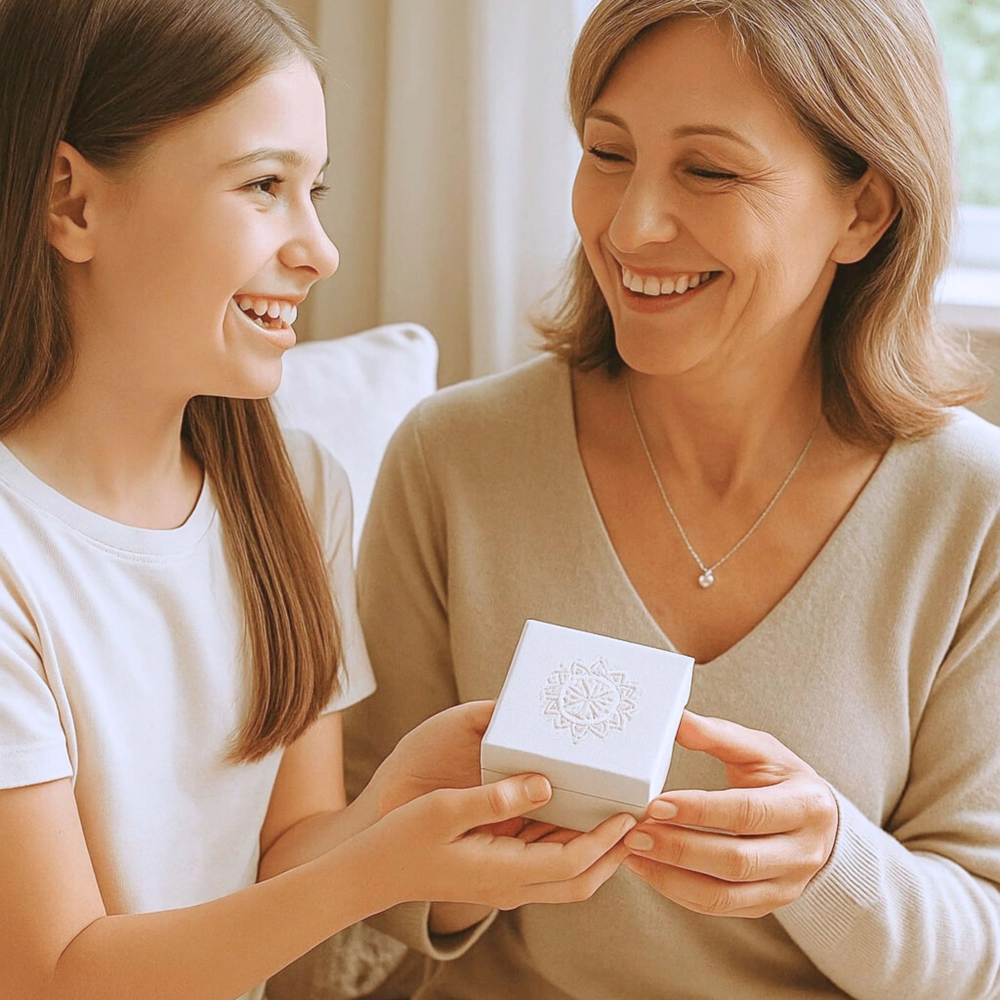 a grandma and granddaughter offering a gift