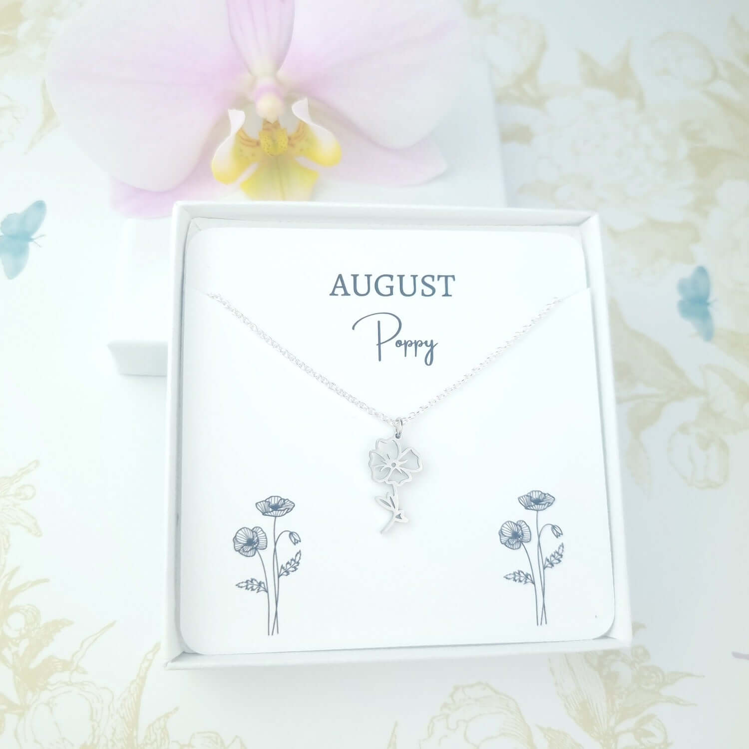 sterling silver poppy necklace in a gift box