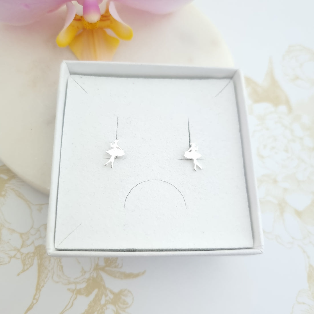 ballerina stud earrings in sterling silver in a gift box