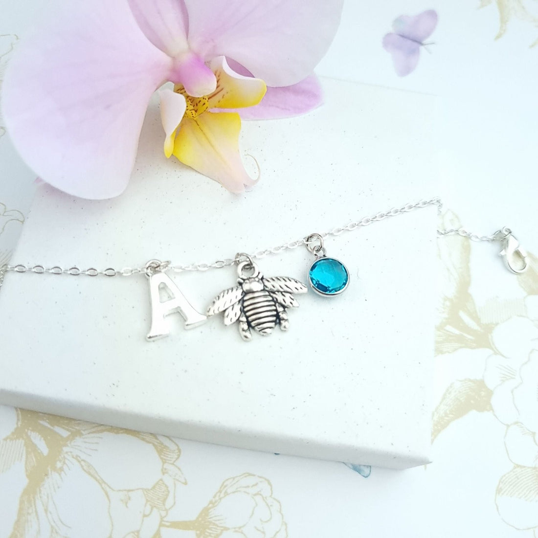 bee bracelet with initial and birthstone