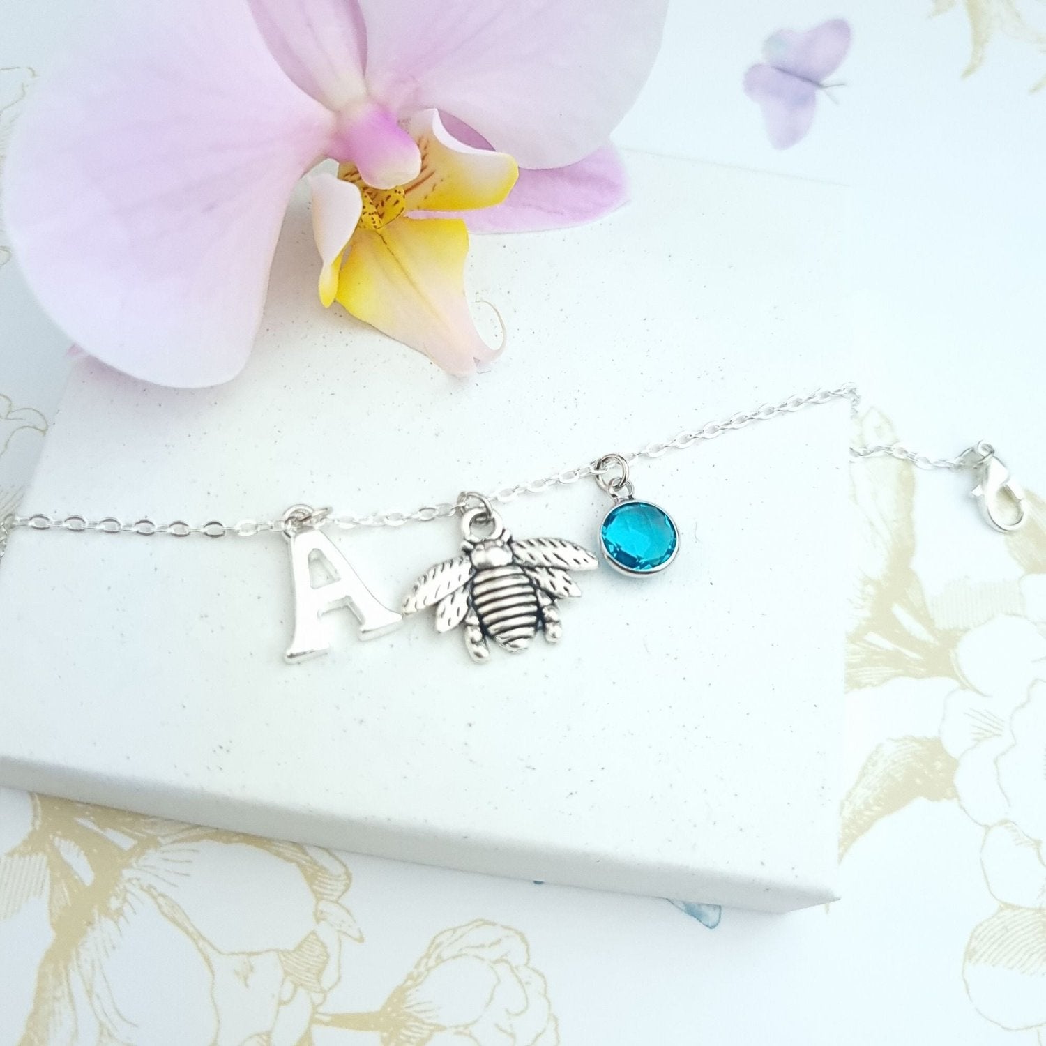 bee bracelet with initial and birthstone