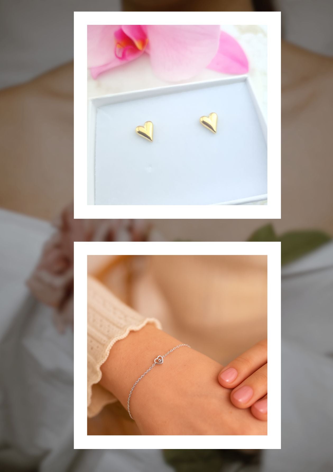 an image showing heart stud earrings and a sterling silver heart bracelet