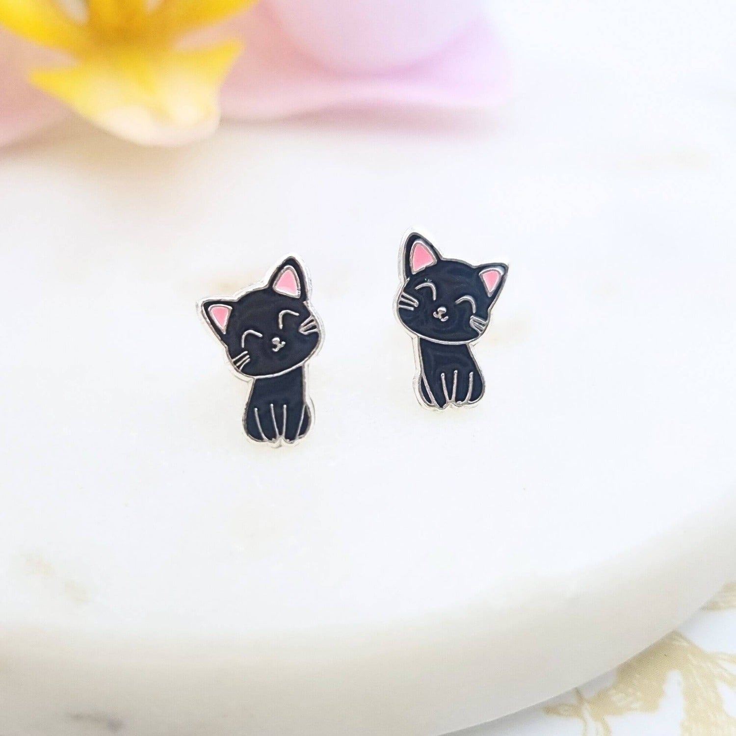 black cat stud earrings with pink ears