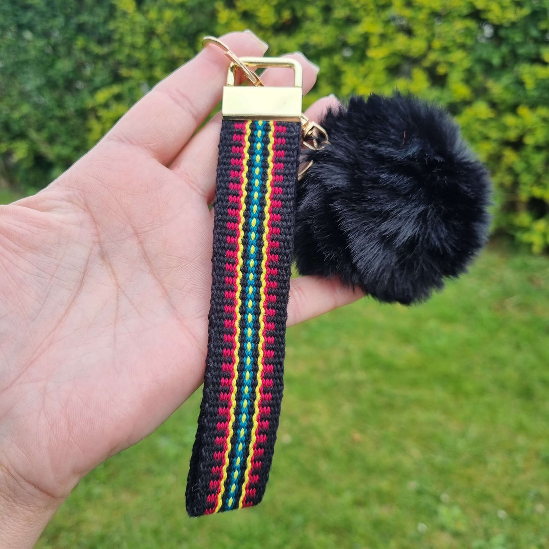 Black Wristlet keychain with pompom