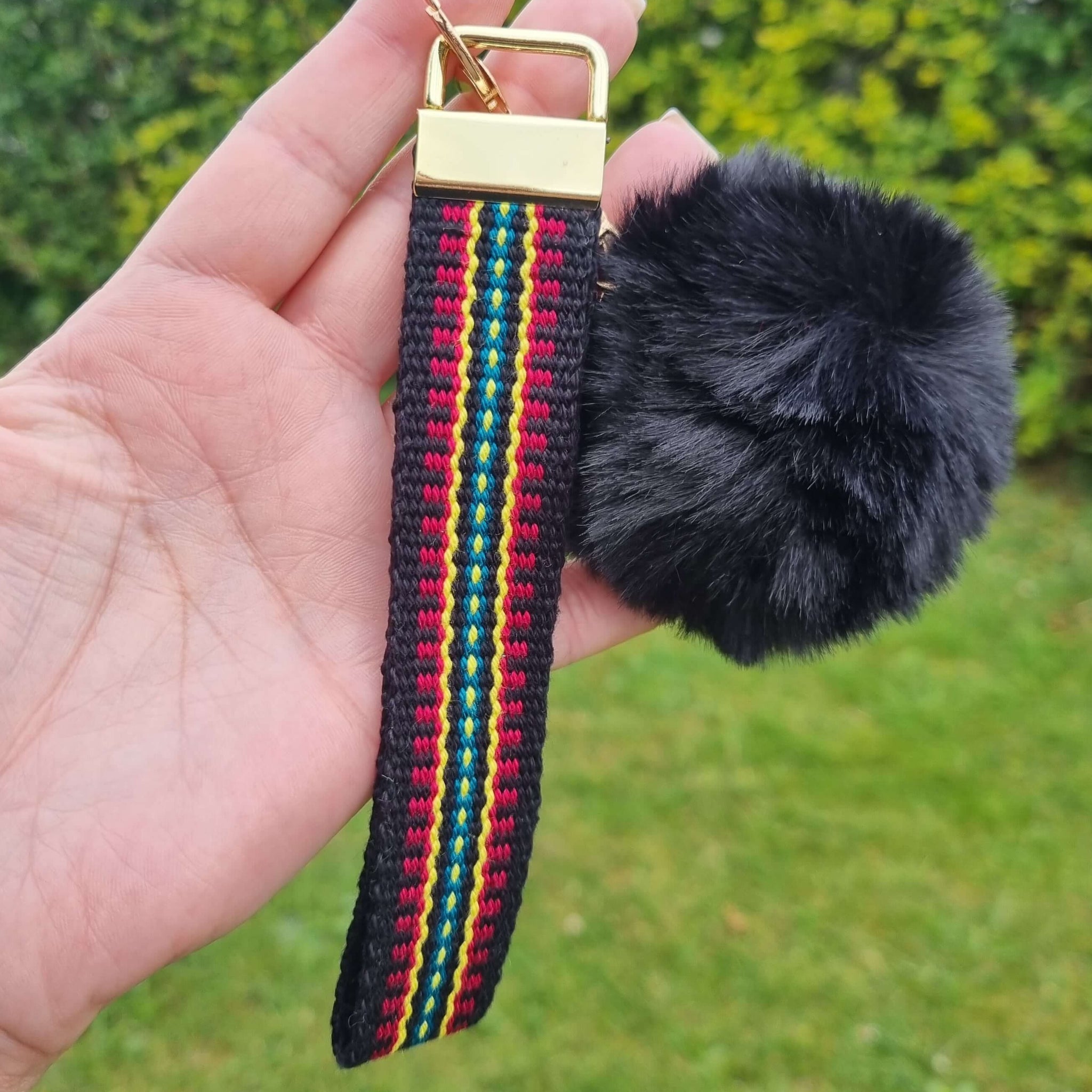 Black Wristlet keychain with pompom