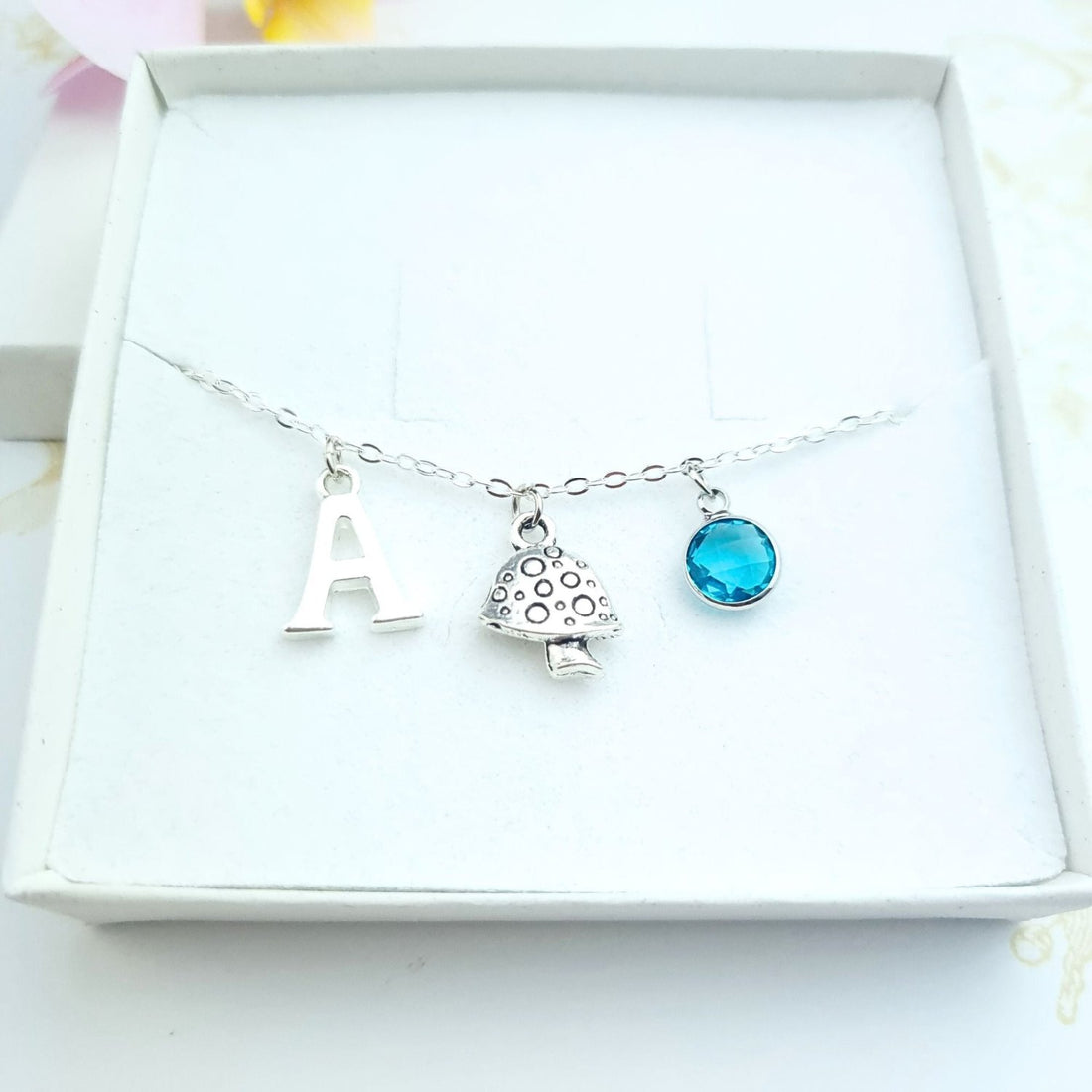 personalised mushroom bracelet with initial and birthstone
