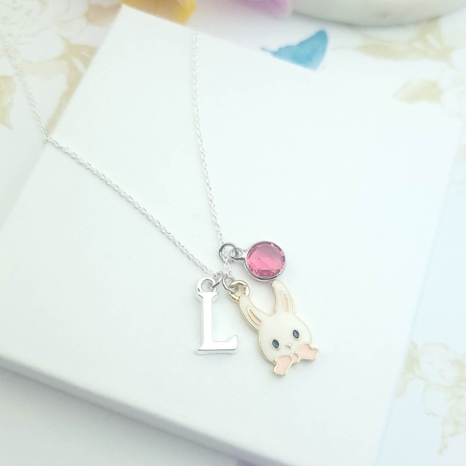 personalised bunny necklace with initial and birthstone
