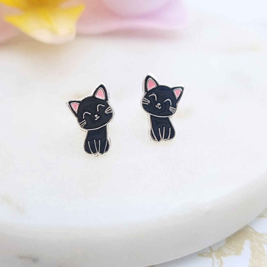 black cat stud earrings with pink ears
