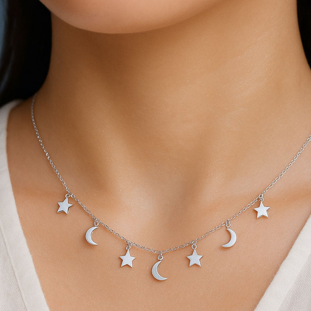 sterling silver chain necklace with moons and stars charms