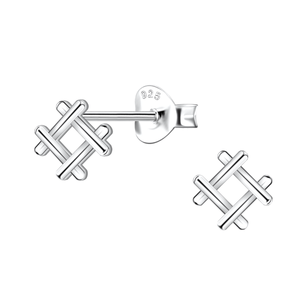 A pair of sterling silver Celtic square knot earrings, featuring an intricate interwoven design, symbolising strength, balance, and connection, displayed against a white background. A timeless Celtic jewellery piece.