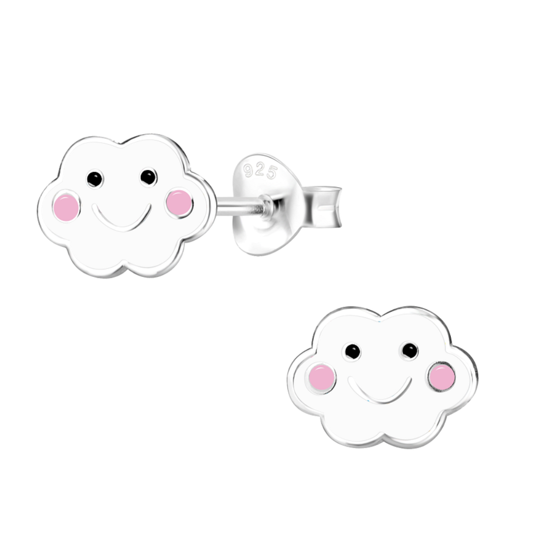 A pair of sterling silver smiley cloud stud earrings with pink enamel cheeks and black eyes, secured with butterfly backs. A fun and cute jewellery piece for kids.