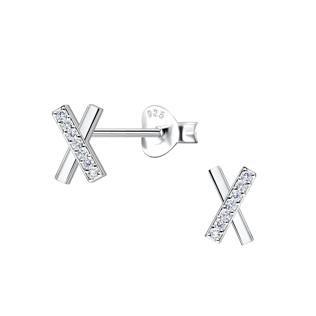 Sterling silver X-shaped stud earrings with cubic zirconia detailing, displayed on a white background.
