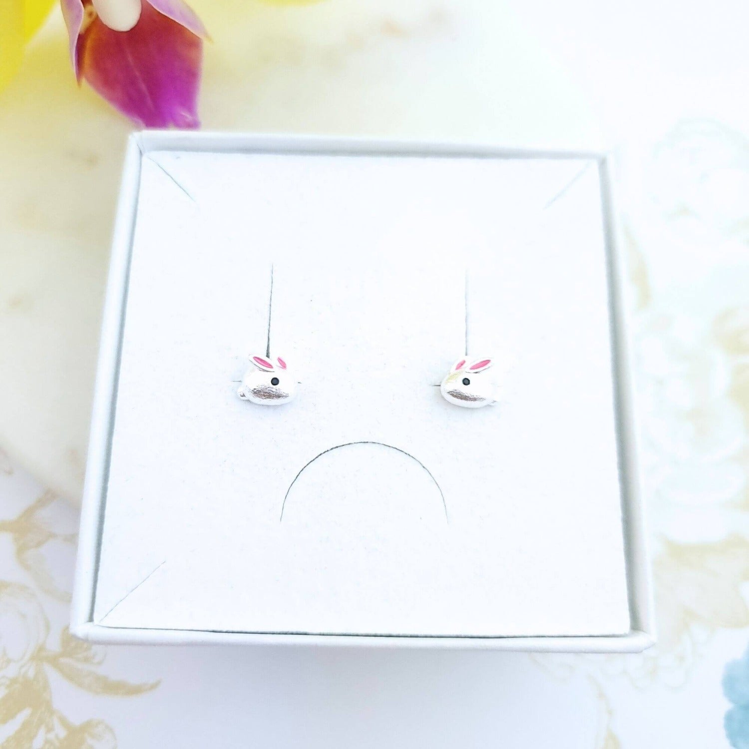 cute tiny rabbit stud earrings in a gift box