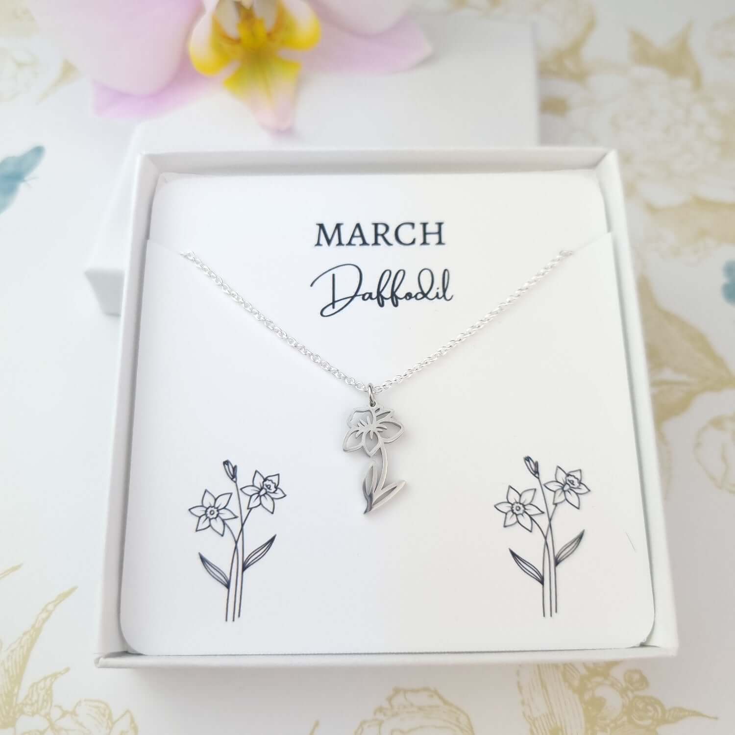 birth month flower necklace daffodil