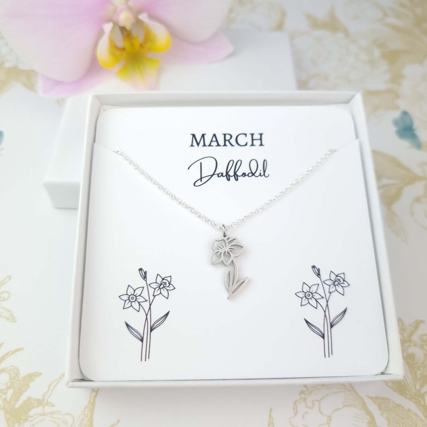 March birthday gift daffodil flower necklace