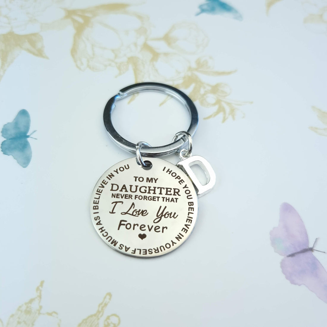 daughter keyring personalised with initial and engraved with quote
