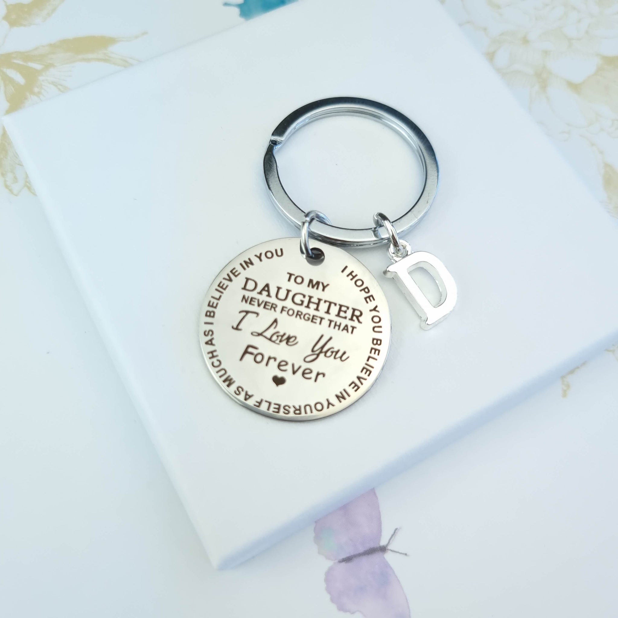 daughter keyring personalised with initial and engraved with quote