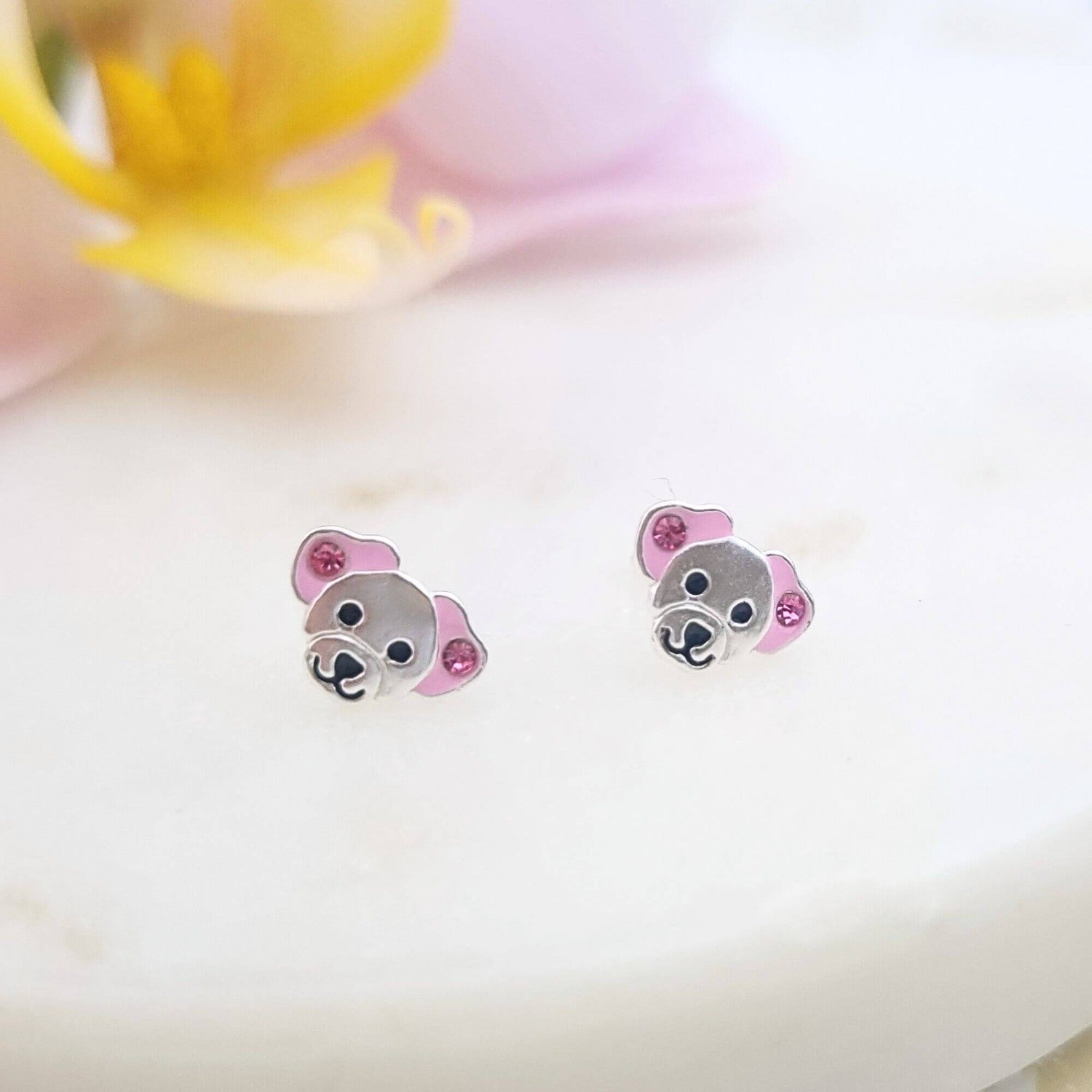 pink dog stud earrings in sterling silver