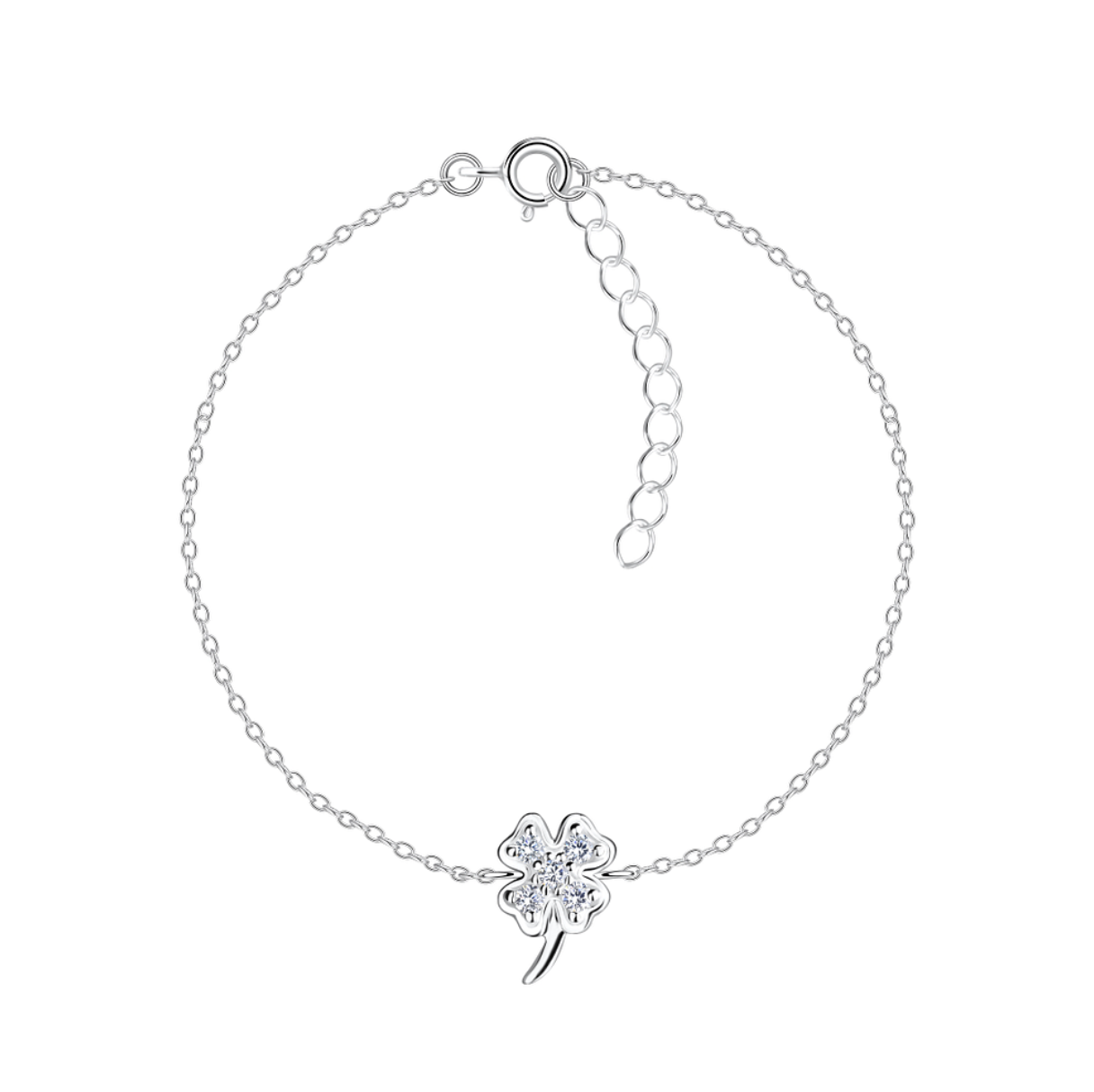 Sterling silver four-leaf clover bracelet with a sparkling centre on a fine adjustable chain, displayed on a white background.