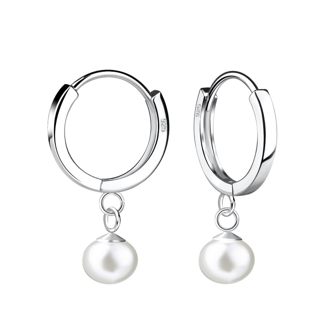 Sterling silver hoop earrings with classic white pearl drop charms, displayed on a white background.

