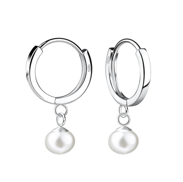 Sterling silver hoop earrings with classic white pearl drop charms, displayed on a white background.

