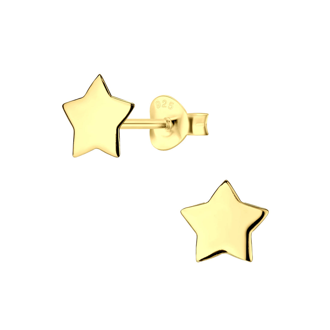 Pair of 14k gold plated sterling silver star stud earrings with butterfly backs, displayed on a white background.