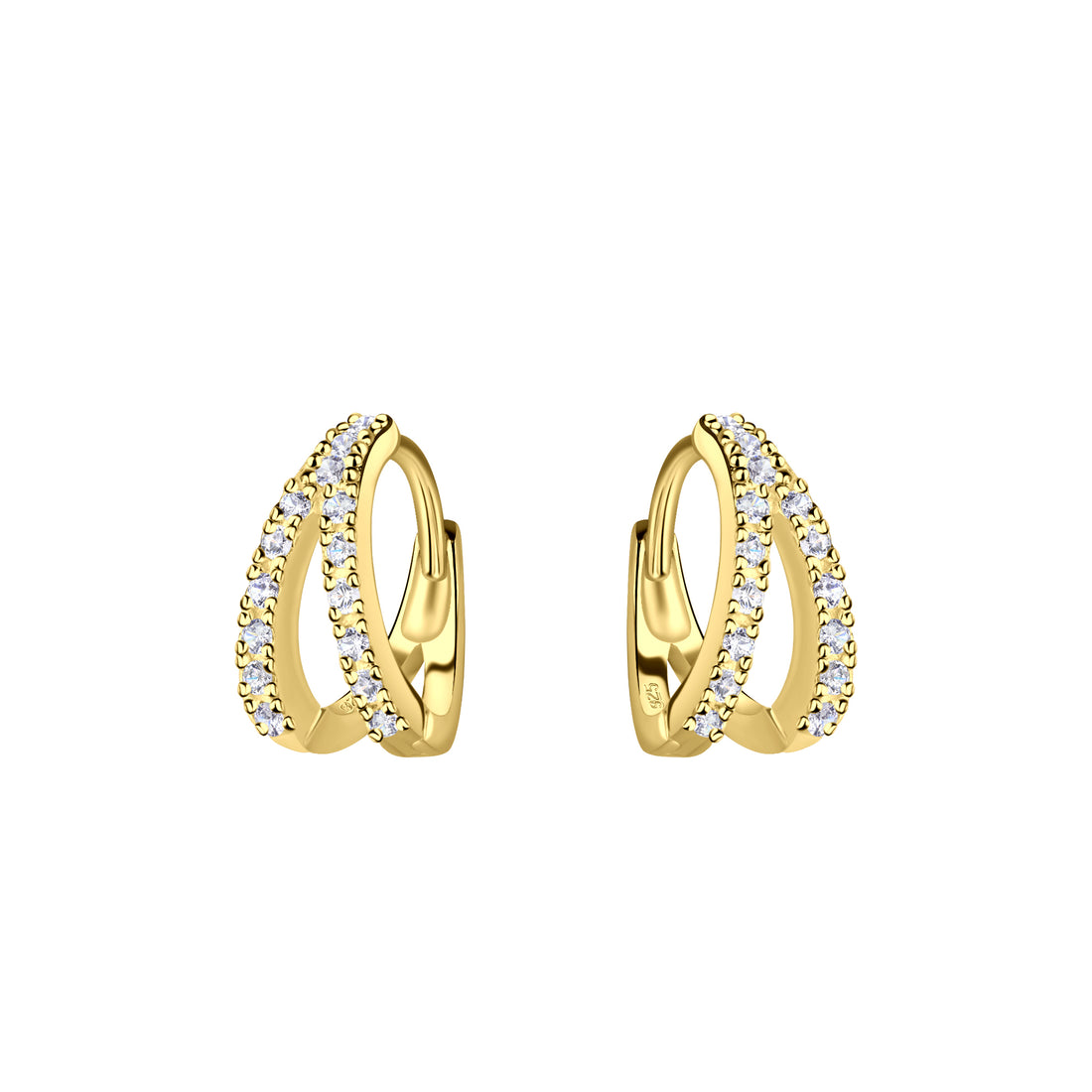 Pair of gold-plated sterling silver crossover hoop earrings with cubic zirconia stones.