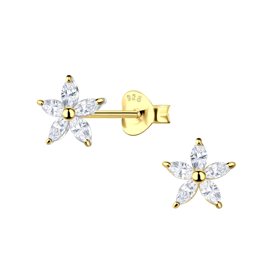 Pair of 14k gold-plated sterling silver flower stud earrings with six marquise-cut cubic zirconia petals, displayed with butterfly backings on a white background.
