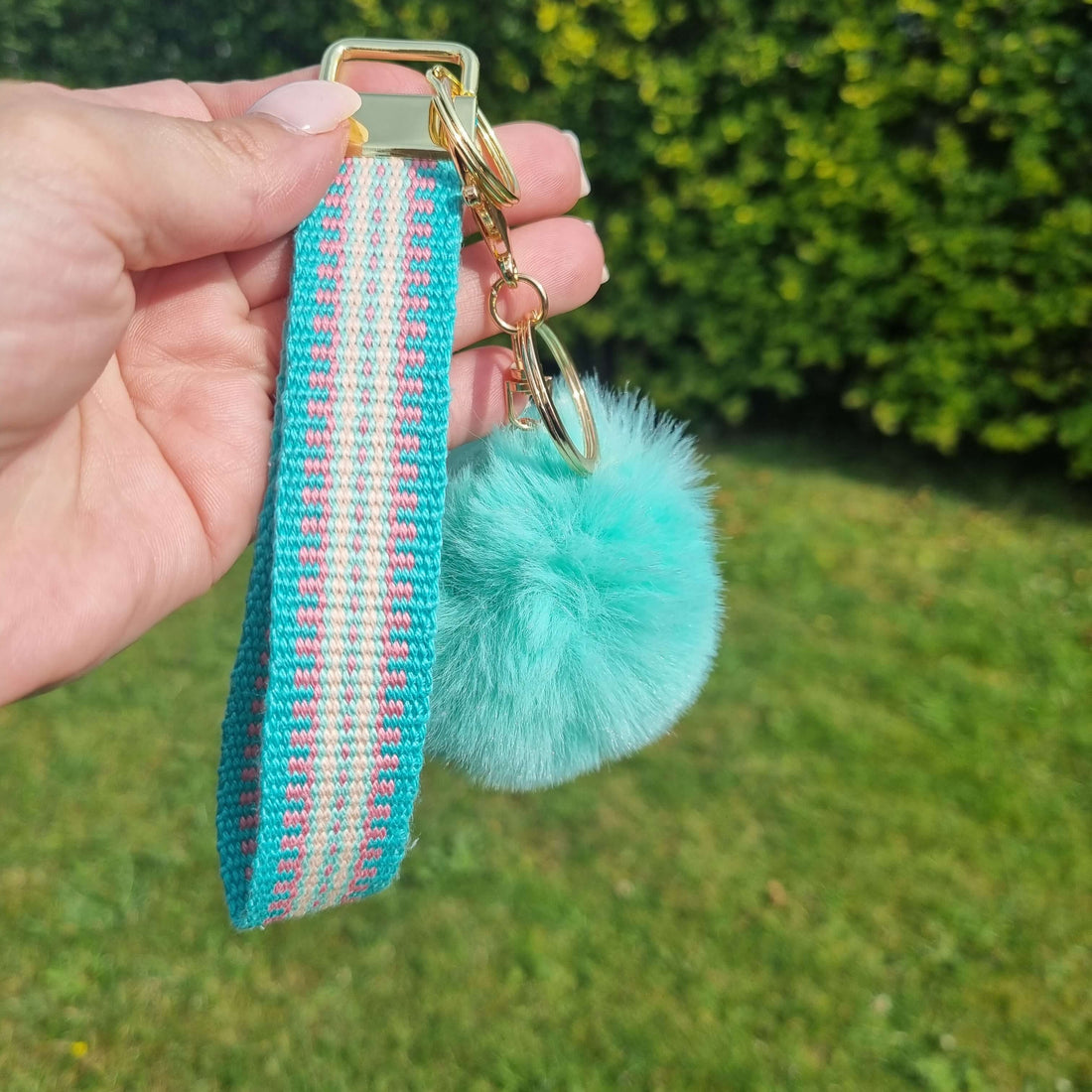 Green Wrist lanyard keychain with pompom