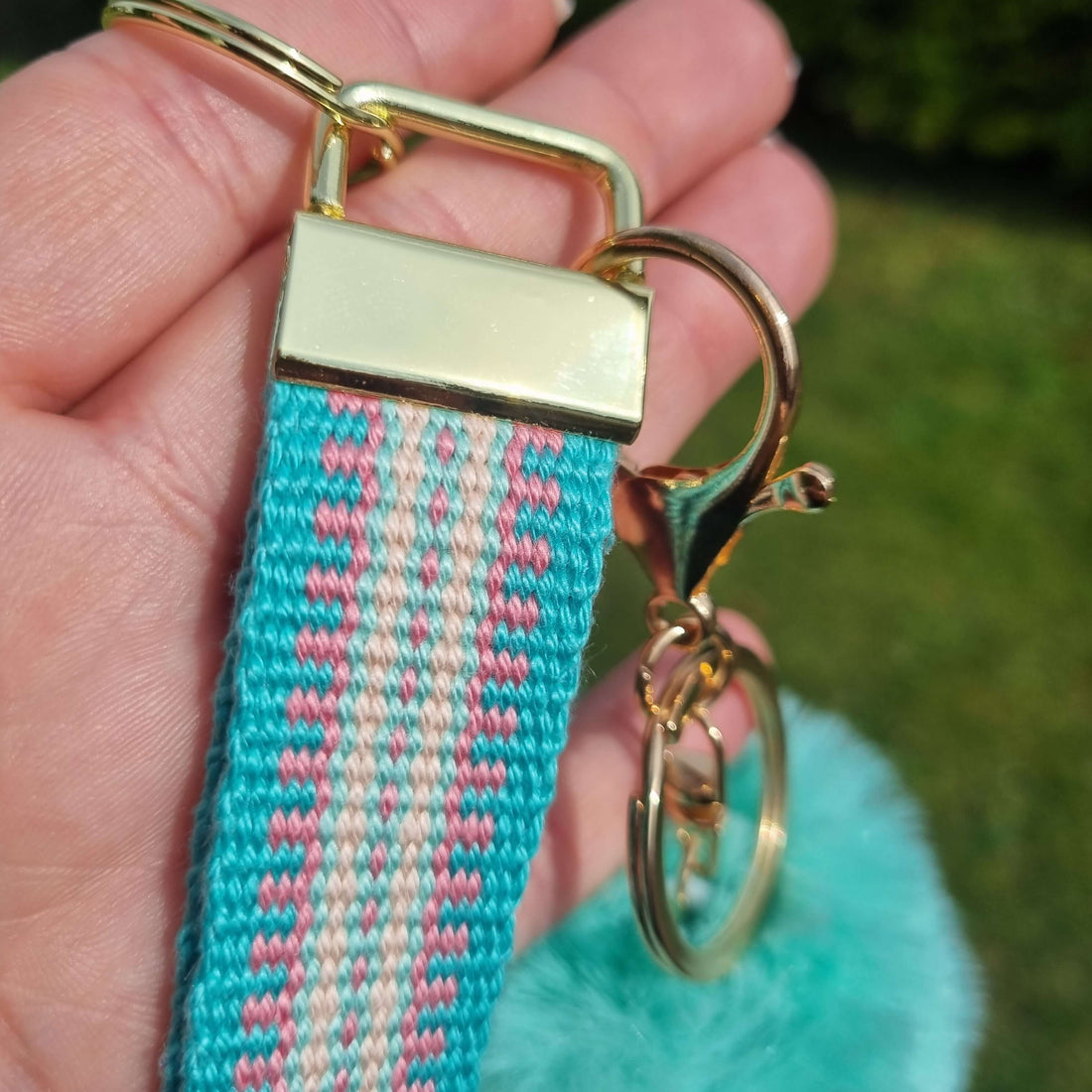 Green Wrist lanyard keychain with pompom