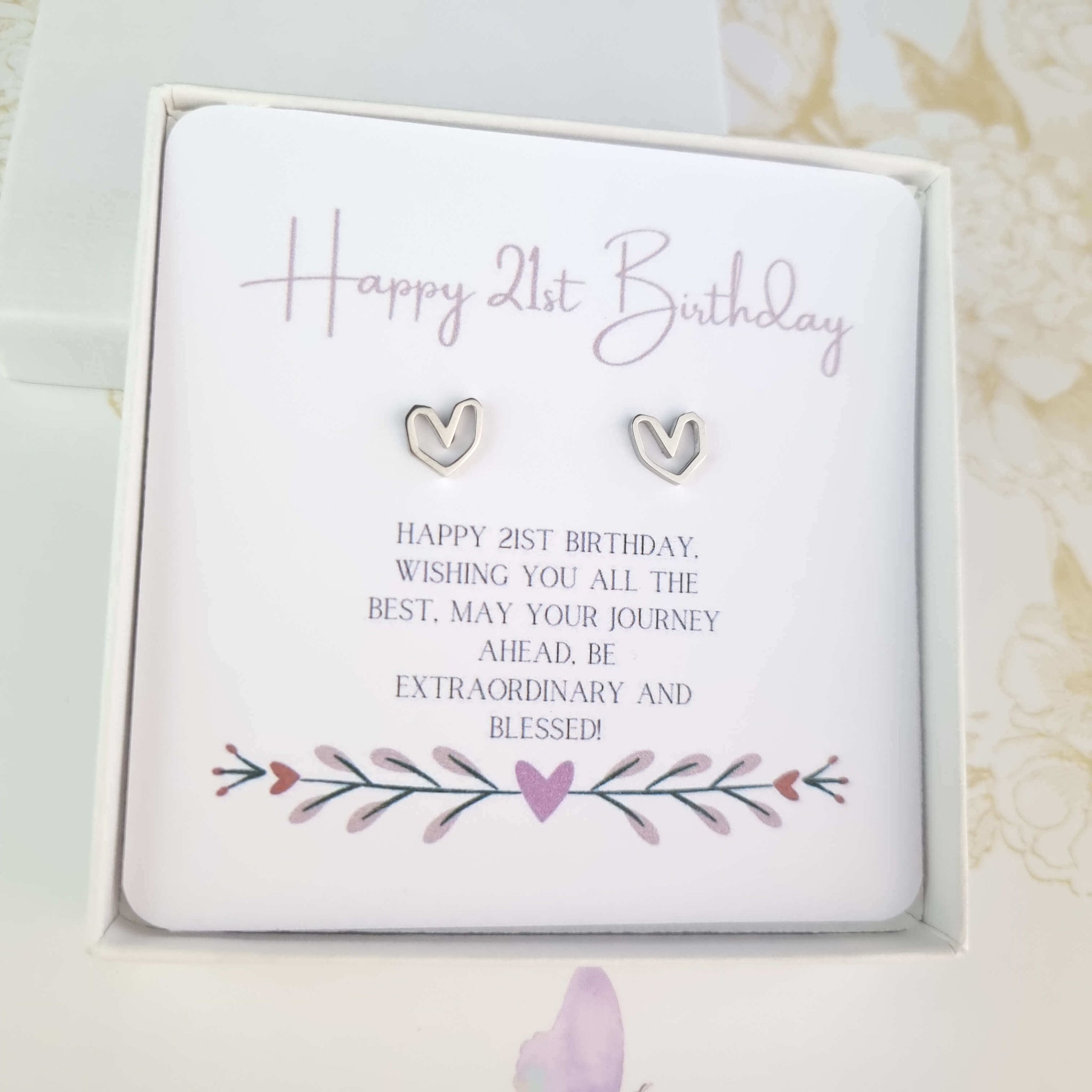 happy 21st birthday heart stud earrings in a gift box with card message