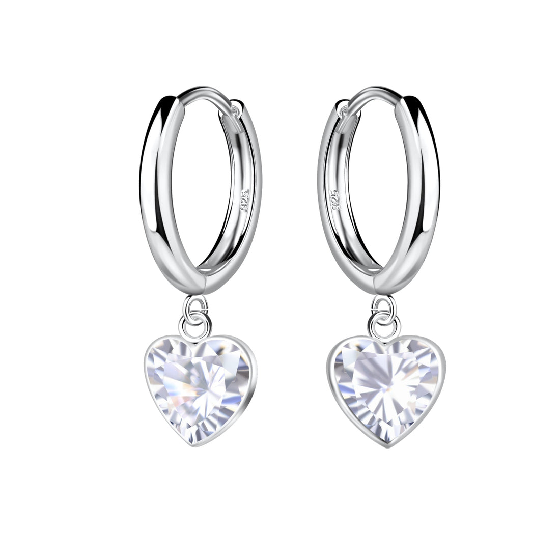 Sterling silver hoop earrings with dangling 6mm heart-shaped crystal charms, displayed on a white background.