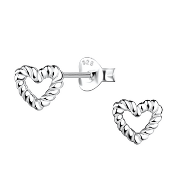 A pair of sterling silver twisted rope heart earrings, featuring a delicate open-heart design with a rope texture, displayed against a white background. A romantic and stylish jewellery piece.
