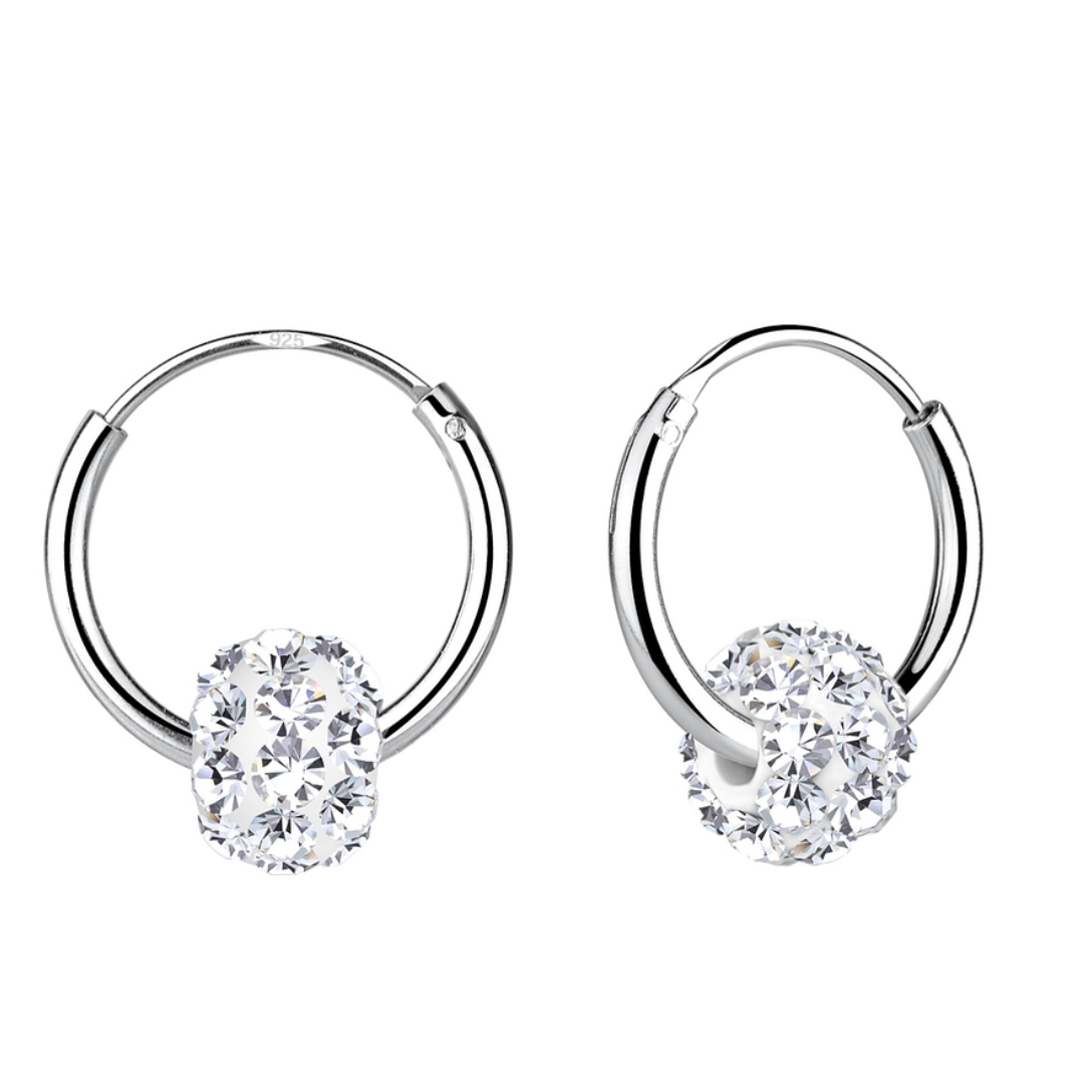 A pair of sterling silver hoop earrings (12mm) featuring a sparkling 6mm crystal ball charm, perfect for elegant and glamorous occasions.